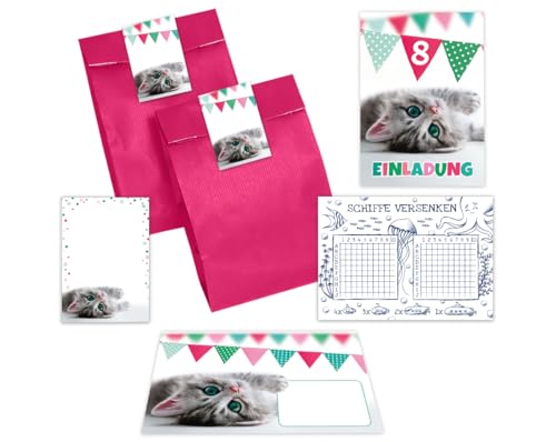 Minkocards 10 Einladungskarten zum 8. Kindergeburtstag Mädchen Jungen Katze Einladungen achte Geburtstag Kinder incl. 10 Umschläge, 10 Tüten/pink, 10 Aufkleber, 10 Blöcke, 10 Schiffe versenken von Minkocards