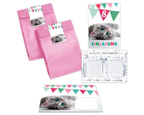 Minkocards 10 Einladungskarten zum 8. Kindergeburtstag Mädchen Jungen Katze Einladungen achte Geburtstag Kinder incl. 10 Umschläge, 10 Tüten/rosa, 10 Aufkleber, 10 Schiffe versenken von Minkocards