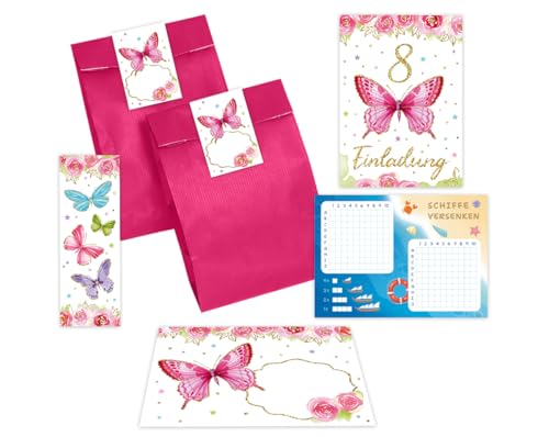 Minkocards 10 Einladungskarten zum 8. Kindergeburtstag Mädchen Schmetterling Einladungen achte Geburtstag Kinder incl. 10 Umschläge, 10 Tüten/pink, 10 Aufkleber, 10 Lesezeichen, 10 Schiffe versenken von Minkocards