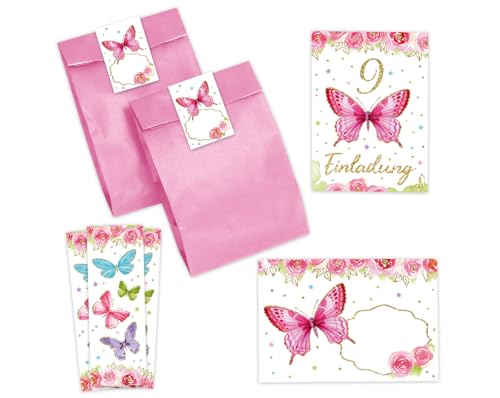 Minkocards 10 Einladungskarten zum 9. Kindergeburtstag Mädchen Schmetterling Einladungen neunte Geburtstag Kinder incl. 10 Umschläge, 10 Partytüten/rosa, 10 Aufkleber, 10 Lesezeichen von Minkocards