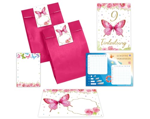 Minkocards 10 Einladungskarten zum 9. Kindergeburtstag Mädchen Schmetterling Einladungen neunte Geburtstag Kinder incl. 10 Umschläge, 10 Tüten/pink, 10 Aufkleber, 10 Blöcke, 10 Schiffe versenken von Minkocards