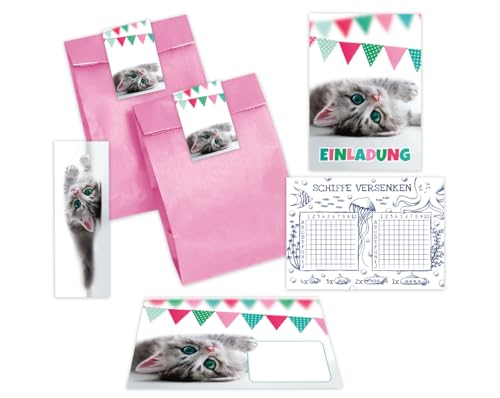 Minkocards 10 Einladungskarten zum Kindergeburtstag Mädchen Jungen Katze Einladungen Geburtstag Kinder incl. 10 Umschläge, 10 Tüten/rosa, 10 Aufkleber, 10 Lesezeichen, 10 Schiffe versenken von Minkocards