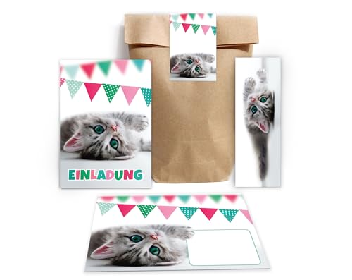 Minkocards 10 Einladungskarten zum Kindergeburtstag Mädchen Jungen Katze coole bunte Einladungen Geburtstag Kinder incl. 10 Umschläge, 10 Partytüten/natur, 10 Aufkleber, 10 Lesezeichen von Minkocards