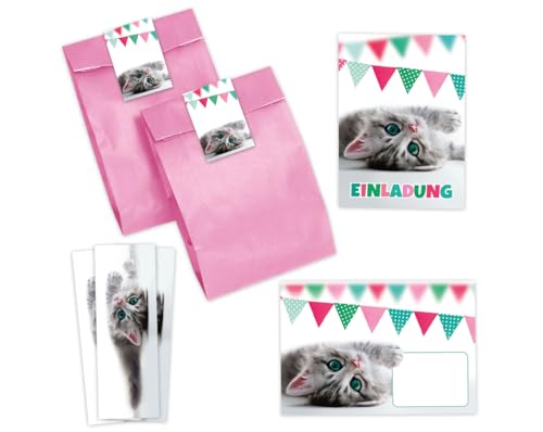 Minkocards 10 Einladungskarten zum Kindergeburtstag Mädchen Jungen Katze coole bunte Einladungen Geburtstag Kinder incl. 10 Umschläge, 10 Partytüten/rosa, 10 Aufkleber, 10 Lesezeichen von Minkocards