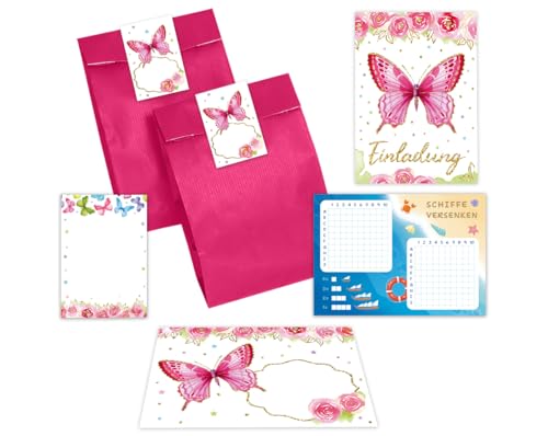 Minkocards 10 Einladungskarten zum Kindergeburtstag Mädchen Schmetterling Einladungen Geburtstag Kinder incl. 10 Umschläge, 10 Tüten/pink, 10 Aufkleber, 10 Blöcke, 10 Schiffe versenken von Minkocards