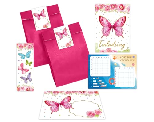 Minkocards 10 Einladungskarten zum Kindergeburtstag Mädchen Schmetterling Einladungen Geburtstag Kinder incl. 10 Umschläge, 10 Tüten/pink, 10 Aufkleber, 10 Lesezeichen, 10 Schiffe versenken von Minkocards