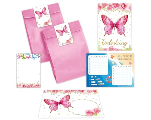 Minkocards 10 Einladungskarten zum Kindergeburtstag Mädchen Schmetterling Einladungen Geburtstag Kinder incl. 10 Umschläge, 10 Tüten/rosa, 10 Aufkleber, 10 Blöcke, 10 Schiffe versenken von Minkocards