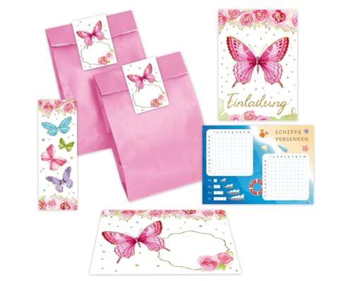 Minkocards 10 Einladungskarten zum Kindergeburtstag Mädchen Schmetterling Einladungen Geburtstag Kinder incl. 10 Umschläge, 10 Tüten/rosa, 10 Aufkleber, 10 Lesezeichen, 10 Schiffe versenken von Minkocards