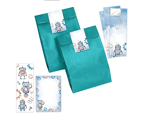 Minkocards 10 Lesezeichen + 10 Notizblöcke + 10 Geschenktüten (Petrol) + 10 Aufkleber Roboter Mitgebselset Gastgeschenke für Kindergeburtstag Jungsgeburtstag von Minkocards