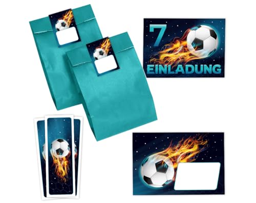 Minkocards 12 Einladungskarten 7. Kindergeburtstag Junge Fussball Einladungen siebte Jungsgeburtstag Fußball incl. 12 Umschläge, 12 Partytüten/petrol, 12 Aufkleber, 12 Lesezeichen von Minkocards