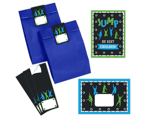 Minkocards 12 Einladungskarten Kindergeburtstag Jungen Mädchen Jump Trampolin Einladungen Jungsgeburtstag Mädchengeburtstag incl. 12 Umschläge, 12 Partytüten/blau, 12 Aufkleber von Minkocards