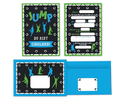 Minkocards 12 Einladungskarten Kindergeburtstag Jungen Mädchen Jump Trampolin incl. 12 Umschläge Einladungen Jungsgeburtstag Mädchengeburtstag von Minkocards