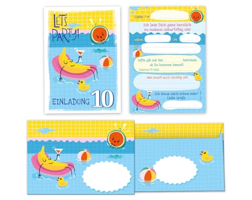 Minkocards 12 Einladungskarten incl. 12 Umschläge 10. Kindergeburtstag Schwimmbad Schwimmen Jungen Mädchen Einladung zehnte Geburtstag von Minkocards