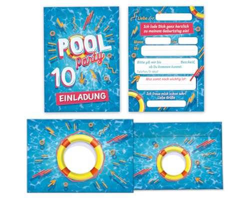 Minkocards 12 Einladungskarten incl. 12 Umschläge 10. Kindergeburtstag Schwimmbad Schwimmen Jungen Mädchen Einladungen zehnte Geburtstag von Minkocards