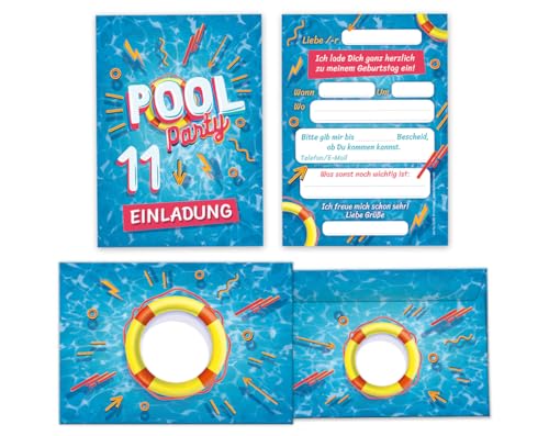 Minkocards 12 Einladungskarten incl. 12 Umschläge 11. Kindergeburtstag Schwimmbad Schwimmen Jungen Mädchen Einladungen elfte Geburtstag von Minkocards