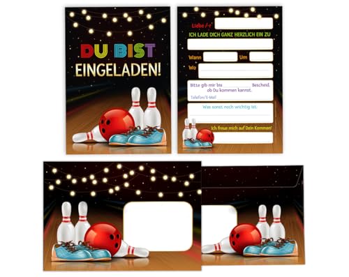 Minkocards 12 Einladungskarten incl. 12 Umschläge Kindergeburtstag Bowling Kegeln Bowling-Party Jungen Mädchen Einladung Jungsgeburtstag Mädchengeburtstag von Minkocards