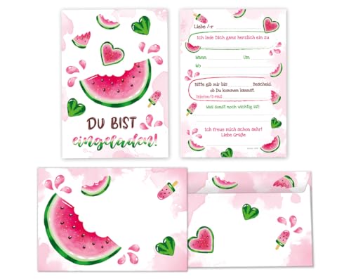 Minkocards 12 Einladungskarten incl. 12 Umschläge Kindergeburtstag Wassermelone Mädchen Einladung Mädchengeburtstag Geburtstagseinladungen von Minkocards