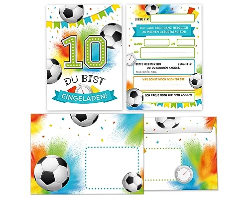 Minkocards 12 Einladungskarten incl. 12 Umschläge zum 10. Kindergeburtstag Junge Fußball Fussball Einladungen zum zehnten Geburtstag Kinder Einladungsset von Minkocards