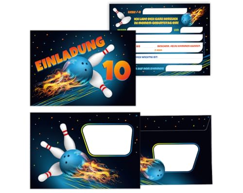 Minkocards 12 Einladungskarten incl. 12 Umschläge zum 10. Kindergeburtstag Kegeln Bowling Jungen Mädchen Einladungen zehnte Geburtstag Kinder Einladungsset von Minkocards