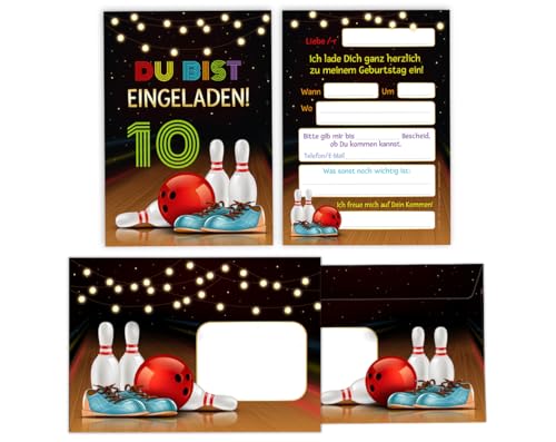 Minkocards 12 Einladungskarten incl. 12 Umschläge zum 10. Kindergeburtstag Kegeln Bowling Mädchen Jungen Einladungen zehnte Geburtstag Kinder Einladungsset von Minkocards