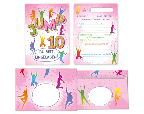 Minkocards 12 Einladungskarten incl. 12 Umschläge zum 10. Kindergeburtstag Mädchen Jump Trampolin Einladungen zehnte Mädchengeburtstag Geburtstagseinladungen von Minkocards