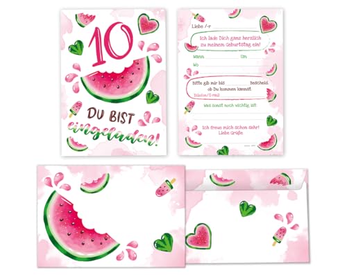 Minkocards 12 Einladungskarten incl. 12 Umschläge zum 10. Kindergeburtstag Mädchen Wassermelone Einladung zehnte Geburtstag Mädchengeburtstag Geburtstagseinladungen von Minkocards