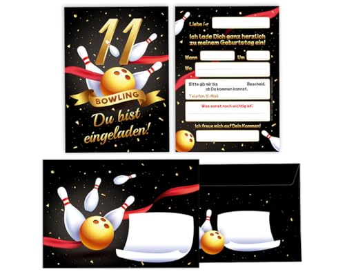 Minkocards 12 Einladungskarten incl. 12 Umschläge zum 11. Kindergeburtstag Bowling Kegeln Mädchen Jungen Einladungen elfte Geburtstag Kinder Einladungsset von Minkocards