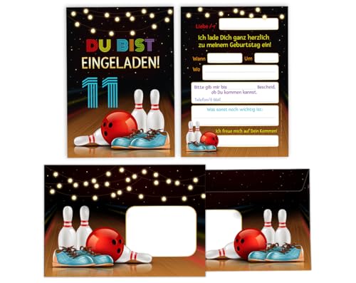 Minkocards 12 Einladungskarten incl. 12 Umschläge zum 11. Kindergeburtstag Kegeln Bowling Mädchen Jungen Einladungen elfte Geburtstag Kinder Einladungsset von Minkocards