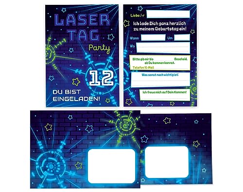 Minkocards 12 Einladungskarten incl. 12 Umschläge zum 12. Kindergeburtstag Lasertag Laser Tag Mädchen Jungen Einladungen zum zwölften Geburtstag Kinder Einladungsset von Minkocards