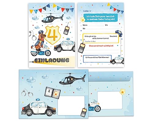 Minkocards 12 Einladungskarten incl. 12 Umschläge zum 4. Kindergeburtstag Junge Polizei Detektiv Einladungen zum vierten Geburtstag Kinder Einladungsset von Minkocards