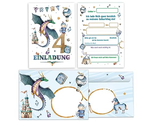 Minkocards 12 Einladungskarten incl. 12 Umschläge zum 4. Kindergeburtstag Junge Ritter Drache Einladung zum vierten Geburtstag Kinder Einladungsset von Minkocards