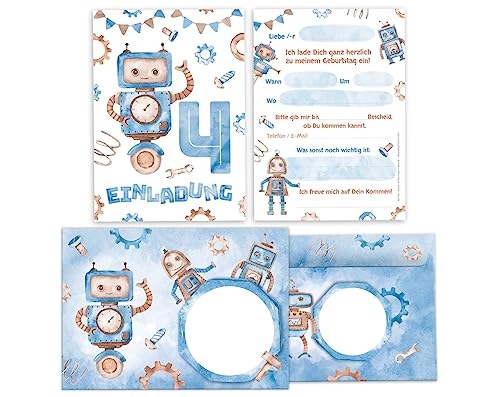 Minkocards 12 Einladungskarten incl. 12 Umschläge zum 4. Kindergeburtstag Junge Roboter Einladungen zum vierten Geburtstag Kinder Einladungsset von Minkocards