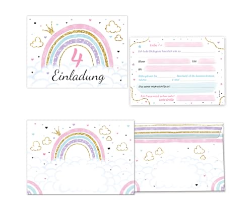 Minkocards 12 Einladungskarten incl. 12 Umschläge zum 4. Kindergeburtstag Mädchen Regenbogen Einladung vierte Geburtstag Mädchengeburtstag Geburtstagseinladungen von Minkocards