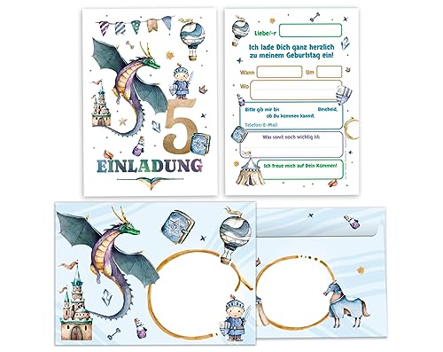 Minkocards 12 Einladungskarten incl. 12 Umschläge zum 5. Kindergeburtstag Junge Ritter Drache Einladung zum fünften Geburtstag Kinder Einladungsset von Minkocards