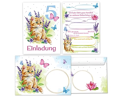 Minkocards 12 Einladungskarten incl. 12 Umschläge zum 5. Kindergeburtstag Mädchen Katze Kätzchen Einladung fünfte Geburtstag Kinder Einladungsset von Minkocards