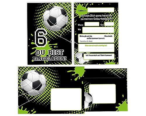 Minkocards 12 Einladungskarten incl. 12 Umschläge zum 6. Kindergeburtstag Junge Fussball Fußball Einladungen zum sechsten Geburtstag Kinder Einladungsset von Minkocards