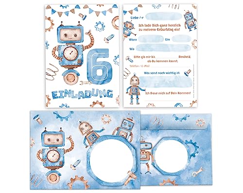 Minkocards 12 Einladungskarten incl. 12 Umschläge zum 6. Kindergeburtstag Junge Roboter Einladungen zum sechsten Geburtstag Kinder Einladungsset von Minkocards