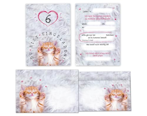 Minkocards 12 Einladungskarten incl. 12 Umschläge zum 6. Kindergeburtstag Mädchen Katze Einladungen zum sechsten Mädchengeburtstag Geburtstagseinladungen von Minkocards