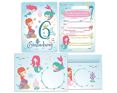 Minkocards 12 Einladungskarten incl. 12 Umschläge zum 6. Kindergeburtstag Mädchen Meerjungfrau Einladung sechste Geburtstag Kinder Einladungsset von Minkocards