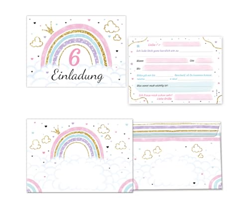 Minkocards 12 Einladungskarten incl. 12 Umschläge zum 6. Kindergeburtstag Mädchen Regenbogen Einladung sechste Geburtstag Mädchengeburtstag Geburtstagseinladungen von Minkocards