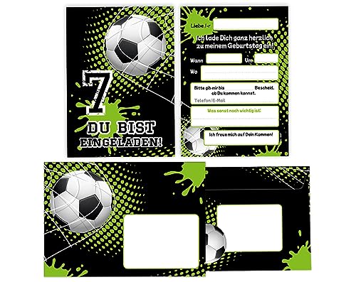 Minkocards 12 Einladungskarten incl. 12 Umschläge zum 7. Kindergeburtstag Junge Fussball Fußball Einladungen zum siebten Geburtstag Kinder Einladungsset von Minkocards