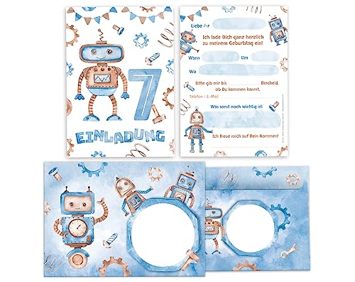 Minkocards 12 Einladungskarten incl. 12 Umschläge zum 7. Kindergeburtstag Junge Roboter Einladungen zum siebten Geburtstag Kinder Einladungsset von Minkocards