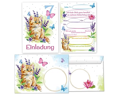 Minkocards 12 Einladungskarten incl. 12 Umschläge zum 7. Kindergeburtstag Mädchen Katze Kätzchen Einladung siebte Geburtstag Kinder Einladungsset von Minkocards