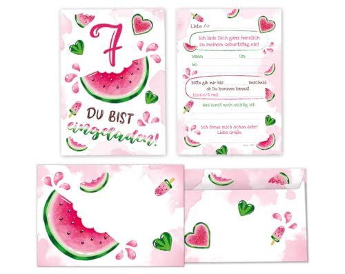 Minkocards 12 Einladungskarten incl. 12 Umschläge zum 7. Kindergeburtstag Mädchen Wassermelone Einladung siebte Geburtstag Mädchengeburtstag Geburtstagseinladungen von Minkocards