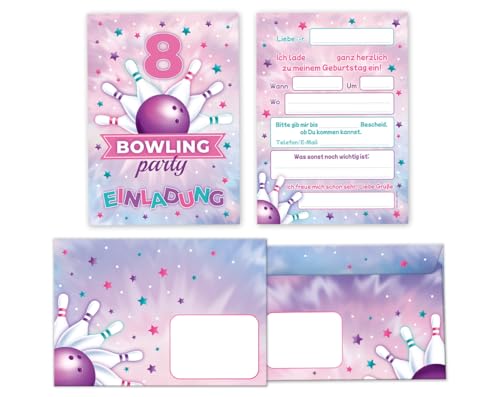 Minkocards 12 Einladungskarten incl. 12 Umschläge zum 8. Kindergeburtstag Bowling Kegeln Bowling-Party Mädchen Einladungen zum achten Einladungen achte Mädchengeburtstag von Minkocards