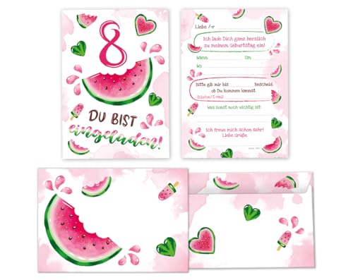 Minkocards 12 Einladungskarten incl. 12 Umschläge zum 8. Kindergeburtstag Mädchen Wassermelone Einladung achte Geburtstag Mädchengeburtstag Geburtstagseinladungen von Minkocards