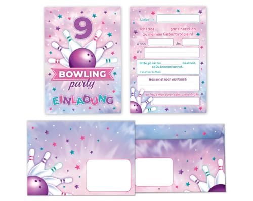 Minkocards 12 Einladungskarten incl. 12 Umschläge zum 9. Kindergeburtstag Bowling Kegeln Bowling-Party Mädchen Einladungen zum neunten Einladungen neunte Mädchengeburtstag von Minkocards