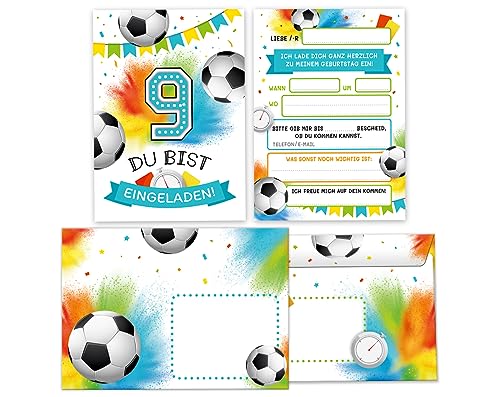 Minkocards 12 Einladungskarten incl. 12 Umschläge zum 9. Kindergeburtstag Junge Fußball Fussball Einladungen zum neunten Geburtstag Kinder Einladungsset von Minkocards