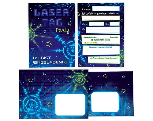 Minkocards 12 Einladungskarten incl. 12 Umschläge zum Kindergeburtstag Lasertag Laser Tag Mädchen Jungen Einladungen zum Geburtstag Kinder Einladungsset von Minkocards