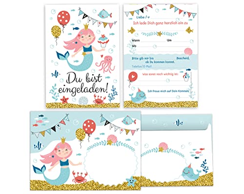 Minkocards 12 Einladungskarten incl. 12 Umschläge zum Kindergeburtstag Mädchen Meerjungfrau bunte Einladungen zum Geburtstag Kinder Einladungsset von Minkocards